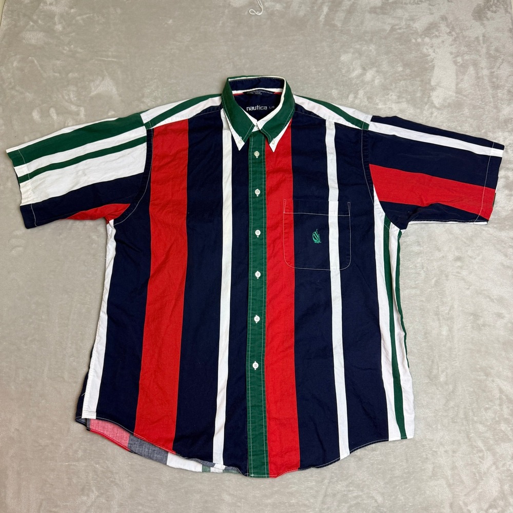 Vintage 90s Nautica Button Down Shirt Mens Large Striped Nautical Preppy EUC